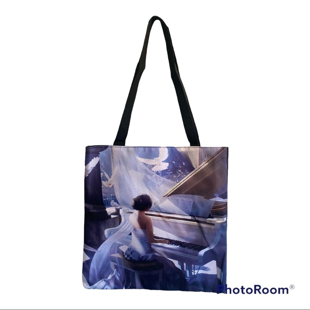 The Splendor of Music Tote Bag with Teen Playing White Piano. BEAUTIFUL!